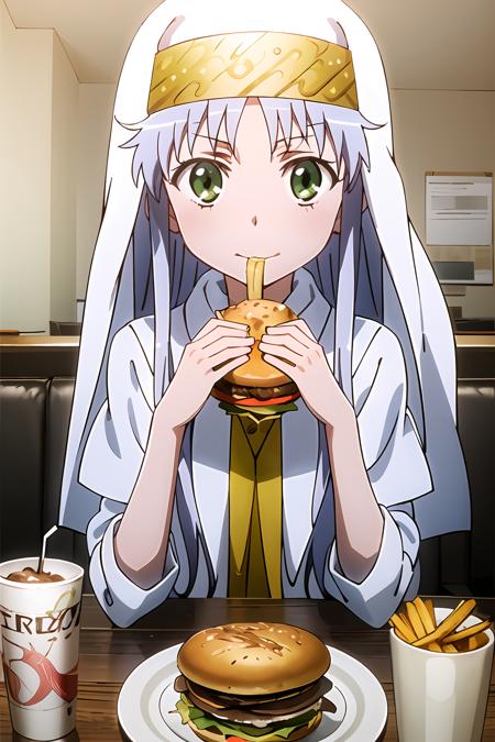 masterpiece, 1girl, index \(toaru majutsu no index\), cute, best quality, silver hair, veil, messy face, holding burger, eating, burger, diner, best quality, anime