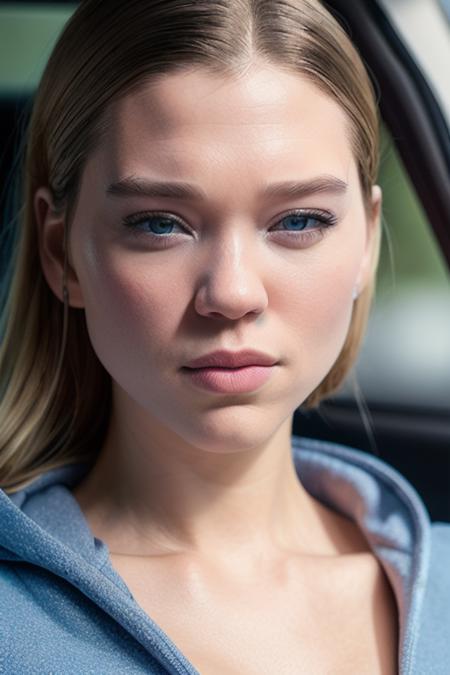 RAW photo, (leaseydoux_ti_v3-4100:0.98), upper body, selfie in a car, blue hoodie, (1girl), (realistic), (photo-realistic:1.5), inside a car, driving, lipstick, necklace, (RAW photo, 8k uhd, film grain), Sharp Eyeliner, Blush Eyeshadow With Thick Eyelashes, extremely delicate and beautiful, 8k, soft lighting, high quality, highres, sharp focus, extremely detailed, during the day, (sunlight on face), beautiful detailed eyes, extremely detailed eyes and face, masterpiece, cinematic lighting, (high detailed skin:1.2), 8k uhd, dslr, soft lighting, high quality, film grain, Fujifilm XT3