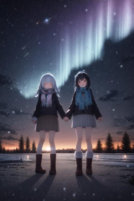 2girls, yuri, aerial fireworks, aurora, blue scarf, boots, brown scarf, christmas lights, christmas tree, city, city lights, cityscape, cloud, cloudy sky, constellation, crescent moon, desert, dusk, earth \(planet\), fireflies, fringe trim, full moon, galaxy, gradient sky, holding hands, lamppost, light particles, long hair, looking at another, milky way, moon, moonlight, multiple girls, night, night sky, orange scarf, outdoors, pine tree, pink hair, pink scarf, planet, pleated skirt, purple sky, red scarf, scarf, shared scarf, shooting star, skirt, sky, skyline, skyscraper, snow, snowing, space, space helmet, star \(sky\), star \(symbol\), starry background, starry sky, starry sky print, sunrise, telescope, tree, twilight, winter