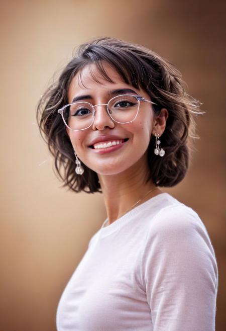 1girl, intense bokeh, HD, 4k, brown eyes, perfecteyes, detailed, textured, hyper realistic, vibrant, full body, profile picture, SkinHairDetail, wearing glasses, portrait, looking at viewer, smile
