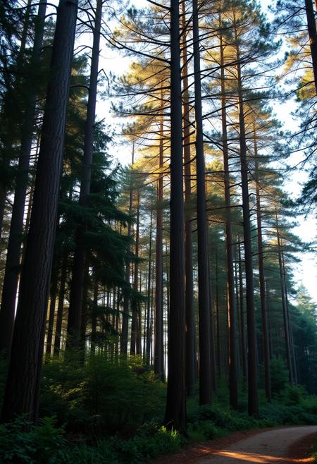 Japanese forest, warm summer evening light, tall trees