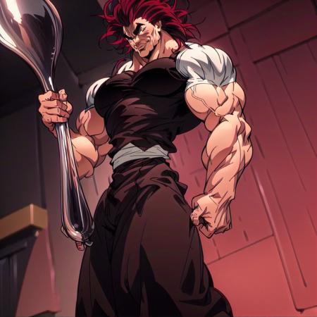 highres, <lora:Style-add_detail:1>,High quality,(Beautiful), ((masterpiece)),vibrant colors, solo,1boy, biceps, large pectorals, male focus, manly, muscular, muscular male, pectorals, red hair, spiked hair,((black shirt)), black pants,<lora:YujiroV1.5:1>smile, happy,
upper body, (((ComicallyLargeSpoon))) <lora:ComicallyLargeSpoon:1>