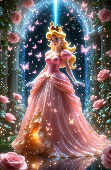A dreamlike, ethereal portrait of Princess Peach from Super Mario, her dress composed of flowing, translucent pink silk infused with bioluminescent light. Tiny golden butterflies flutter around her, leaving shimmering trails of stardust in the air. Her crown glows faintly, reflecting a soft celestial radiance. She stands within a surreal, floating garden of crystal roses, each petal refracting prismatic light. Ultra-HD, cinematic fantasy with hyper-detail., <lora:add-detail-xl:1>