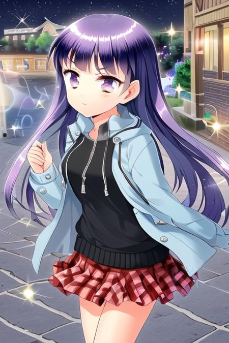 Tateno Nozomi, 1girl, solo, long hair, skirt, shirt, jacket on shoulders, brooch, black shirt, outdoors, red skirt, long sleeves, jacket, sparkle, night, plaid, black hair, sky, purple hair
<lora:grimoire-v1.0:1>