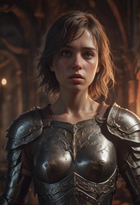 High resolution ultra-realistic of Beautiful Warrior Joan of Arc, 8k, capturing the intensity of the moment, cinematic lighting, standing on a bloody and stormy battlefield in bloody battle, wavy black hair, realistic dirty pale face, realistic brown eyes,  beautiful hourglass figure, burning in a medieval Town, intricately designed iron and silver armor, Dark Ages Aesthetic, perfect athletic figure, beautiful Warrior Joan of Arc, fire, ultra realistic, cinematic style, vigorous and seductive, athletic figure, dark fantasy, dramatic lighting, wet and sweaty skin, dirty skin, athletic figure, dark fantasy, dramatic lighting, Greg Rutkowski style,, Warrior Joan of Arc on in iron armor, hyper-detailed, hyper-realistic, bright colours, Attractive 21 old years girl, Attractive, beautiful firm Breasts, sharp focus, digital painting, Photograph Taken on Nikon D750, Alphonse Mucha, 8K, athletic figure, Hyperdetailed, hyperrealism, Attractive, Attractive bust girl, asymmetric balance