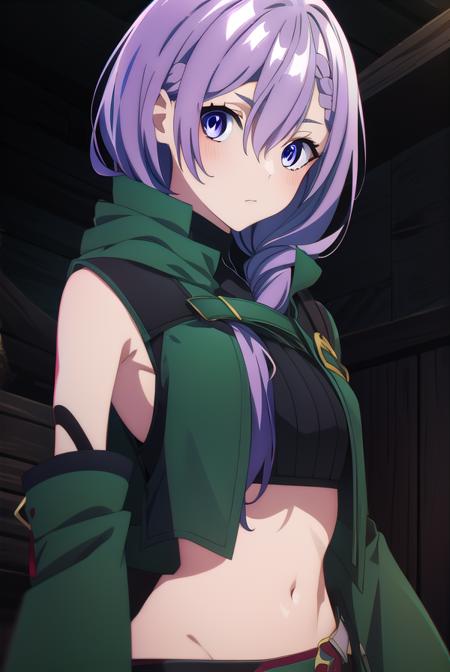 iseleveluna, <lora:iseleveluna-lora-nochekaiser:1>,
luna, long hair, purple hair, braid, hair between eyes, braided bangs,
BREAK gloves, navel, detached sleeves, black gloves, midriff, belt, pants, fingerless gloves, coat, asymmetrical clothes, green coat,
BREAK looking at viewer,
BREAK outdoors,
BREAK <lyco:GoodHands-beta2:1>, (masterpiece:1.2), best quality, high resolution, unity 8k wallpaper, (illustration:0.8), (beautiful detailed eyes:1.6), extremely detailed face, perfect lighting, extremely detailed CG, (perfect hands, perfect anatomy),