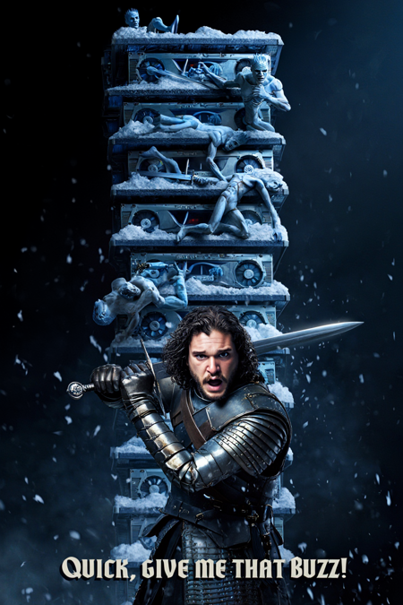 ​​​​A towering northern ice wall forged entirely from gleaming GPU stacks, their circuitry glowing faint blue beneath the frost. Scattered along the frozen ridges, fallen Whitewalkers twitch and claw randomly, some still attempting to descend the monstrous wall with eerie, undead grace. At the base, Jon Snow stands in worn Valyrian steel armor, sword drawn mid-motion, snow and ash swirling around him. His face is tense with urgency, turned back toward the viewer as he shouts, voice full of valor and desperation. big bold text at the bottom part of image in the style of Game of Thrones titles "Quick, give me that Buzz!", The scene pulses with cinematic energy: dramatic lighting from a crackling aurora above, wind tearing at cloaks, GPU fans whirring softly like ancient magic. It’s a moment caught between chaos and legend, with a meme-worthy twist.