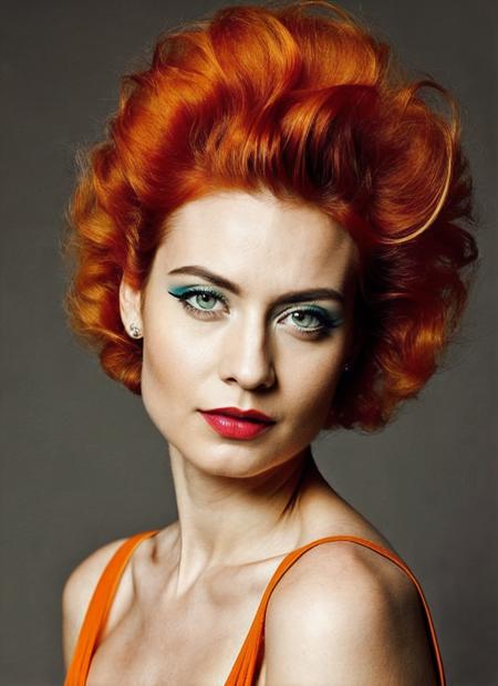 analog style, modelshoot style, portrait of sks woman by Flora Borsi, style by Flora Borsi, bold, bright colours, orange Mohawk haircut, ((Flora Borsi)), <lora:locon_courtneyford_v1_from_v1_64_32:1.3>