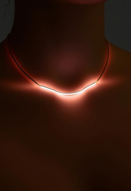 subdermal LED bar necklace, (internal LED glow:1.7), (embedded LEDs:1.7) forming a sleek, horizontal glowing line beneath the skin across the collarbone, soft light radiating from the center of the bar, (elegant linear light:1.6), (radiant horizontal light effect:1.5) mimicking a minimalist bar necklace, high-definition, (ultra-realistic skin texture:1.8), seamless light transitions beneath the skin, modern and minimalist, (worn jewelry:-1.8), (visible necklace:-1.8), (rigid design:-1.5), glowing bar pattern integrated seamlessly into the skin, timeless yet modern, perfect for both formal and casual settings