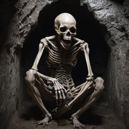 â(Sinfully grotesque and morbidly enchanting) In the heart of a decrepit, forgotten catacomb, a twisted creature emerges from the shadows - an abomination birthed from the darkness itself. Its mangled form is draped in tattered rags, stained with the remnants of ancient rituals. A network of grotesque, writhing tentacles replace its limbs, each ending in a razor-sharp talon. Its cavernous maw, a meld of bone and rotten flesh, gapes wide as it emits a chilling, haunting laugh that echoes throughout the catacombs. The creatureâs eyes, twin pools of liquid darkness, hold within them the remnants of sanity long lost. It is an entity that defies description, birthed from the deepest recesses of nightmares and fear itself, a haunting reminder of the darkness that lies within us all.â (its body of bones glows dimly from the embers and electricity of the souls it has devoured).