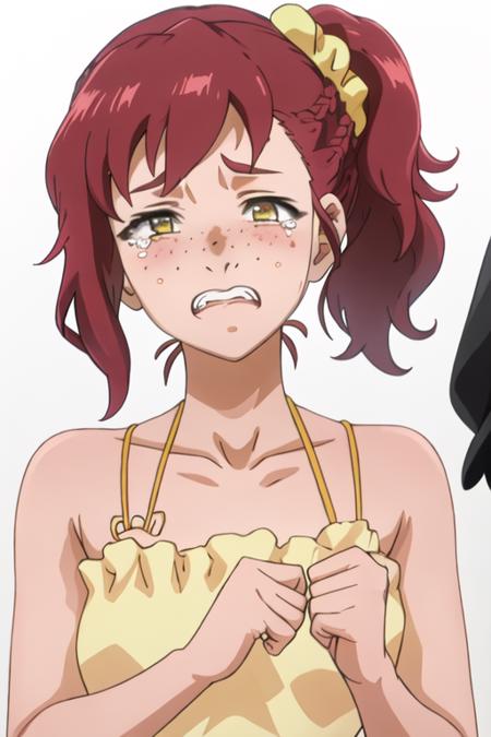 best quality, masterpiece, highres, solo, {lily_lipman_birdiewinggolfgirlsstory:1.15}, red_hair, scrunchie, freckles, side_ponytail, brown_eyes, open_mouth, hair_ornament, 1girl, blush, braid, crying, looking_at_viewer, tearing_up, tears, white_background, yellow_eyes, collarbone, portrait, anime_coloring, clenched_hands, clenched_teeth, hair_scrunchie, simple_background, teeth