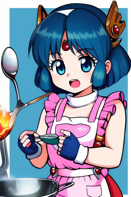 <lora:REMI:1>,REMI, 1girl, ladle, gloves, fingerless gloves, apron, cooking, green hair, open mouth, blue eyes, short hair, fire, holding ladle, solo, spoon, headgear
masterpiece, high quality, very_high_resolution, large_filesize, full color,