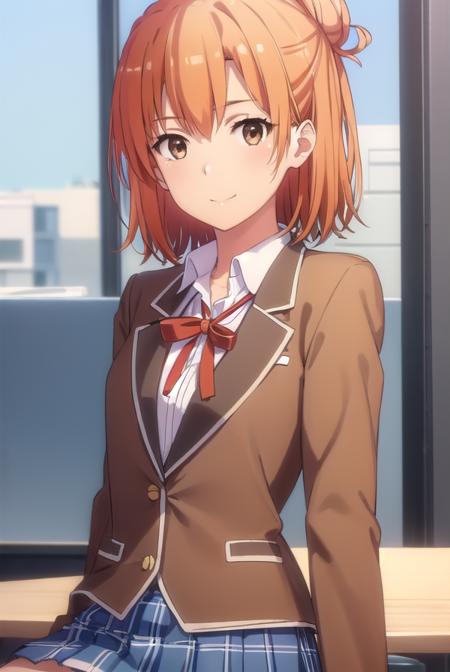 yuiyuigahama, <lora:yui yuigahama s2s3-lora-nochekaiser:1>, 
yui yuigahama, short hair, (brown eyes:1.5), (orange hair:1.2), hair bun, single hair bun, smile,
BREAK skirt, shirt, ribbon, school uniform, jacket, white shirt, black jacket, blazer, sobu high school uniform,
BREAK indoors, classroom,
BREAK looking at viewer, (cowboy shot:1.5),
BREAK <lyco:GoodHands-beta2:1>, (masterpiece:1.2), best quality, high resolution, unity 8k wallpaper, (illustration:0.8), (beautiful detailed eyes:1.6), extremely detailed face, perfect lighting, extremely detailed CG, (perfect hands, perfect anatomy),