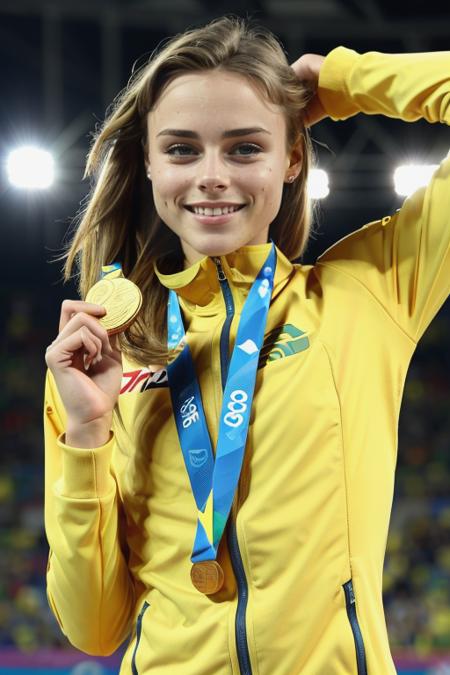 YuliyaLevchenko, (masterpiece, best quality, extremely detailed, perfect body, perfect face:1.2), wearing gold medal around neck, ((holding gold medal)), Olympics, pose, modelshoot, ((waving to crowd)), laughing:1.4, standing, track and field uniform, track jacket, stadium, (closeup on upper body), ((Ukraine))