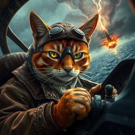cinematic cockpit close-up, anthropomorphic orange tabby cat WWII fighter pilot, intense expression, gripping throttle and joystick in a worn P-51 Mustang, brown leather flight jacket with shearling collar, white silk scarf fluttering, leather aviator cap with ear holes and squadron patch (claw + lightning bolt), scratched goggles reflecting glowing amber dials, green eyes narrowed, oxygen mask on muzzle, headset over ears, dramatic rain-streaked canopy, bullet marks, chaotic aerial dogfight outside — smoke trails, tracers, enemy plane in flames spiraling down, lightning flashing over stormy ocean, vivid motion blur, ultra-detailed fur, dramatic lighting, cinematic contrast, colors: brown, olive, silver, fiery orange, green, stormy blue sky, (hyper-realism:1.2), (tense atmosphere:1.1), (action anime style:0.8)
Negative Prompt:
blurry, poorly drawn, disfigured, deformed hands, low detail, bad anatomy, extra limbs, extra eyes, out of frame, watermark, text, logo, jpeg artifacts, cropped, low contrast, untextured