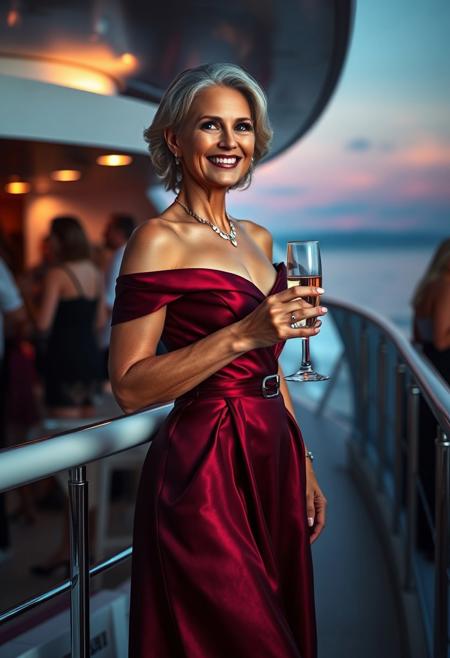A highly detailed, photorealistic, cinematic film still of an attractive 50 year old woman. She is a realistically slim, with tanned skin and realistically saggy breasts. She is looking stunning wearing a (A classic off-shoulder ball gown made from luxurious satin in a deep wine colour. The neckline gently drapes across the shoulders, creating an alluring yet age-appropriate silhouette. The fitted bodice transitions into a full, pleated skirt, complete with discreet pockets. A subtle, built-in belt cinches the waist for an hourglass figure:1.3). Her make-up and jewellery add a touch of class to her outfit. She is on board a Mediterranean superyacht at a busy cocktail party, It is sunset, beautiful colours illuminating the ship. She is holding a glass of champagne and happily looking around the deck, as if she is waiting for a lover or a friend.