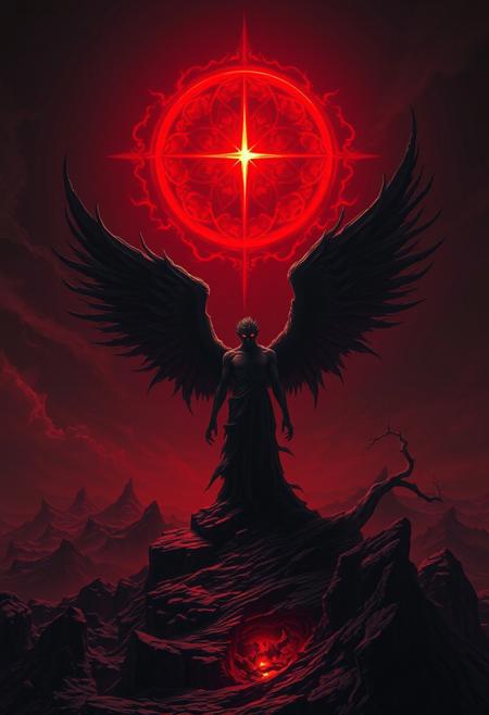 A hyper-stylistic, extremely detailed image depicts a dark, foreboding landscape bathed in the eerie, crimson glow of a singular, twinkling red star. The star, a celestial body of dark, otherworldly power, casts its light down upon the land, illuminating a lone, dark angel standing at its base. The angel, born from the star's very essence, is a twisted, winged creature with skin like dark, polished marble and wings that seem to be crafted from the shadows themselves. Its eyes glow with an inner, malevolent light as it prepares for its march against humanity. The landscape itself appears twisted and corrupted, as if the very earth is being warped and distorted by the star's dark influence. Every detail of the scene is meticulously rendered, from the intricate, branching patterns of the angel's wings to the faint, glowing embers that seem to smolder in the star's core. The overall effect is one of haunting, apocalyptic dread, as if the very fabric of reality is about to be torn asunder by the coming darkness. highest-Quality, intricate details, visually stunning, Masterpiece