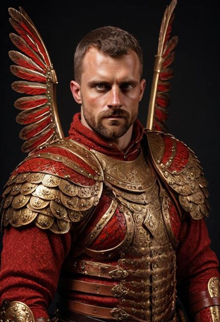 dual winged hussars, ornate red stylized wings on back of man, 2 large hussar wings behind back, undercuthaircut, Photorealistic oil painting of (Handsome:1.1) (Polish) (Irish) (Slavic) (bright sapphire eyes) (half-dragon warrior-prince:1.2) with (intricate metallic red brass scales seamlessly melded into arm and neck:0.9), 28-year-old, (darkblonde undercut hair:1.1), (medieval fantasy clothing:1.2), grimdark fantasy, (medieval) fantasy, high fantasy, epic fantasy, (upper body:1.3) (medium shot:1.3) taken with (fujifilm xt3:1.1), film grain, dark style, raking light dramatic hard shadows, (dramatic lighting:0.9), material contrast, cinematic composition, intricate details, masterpiece, visually stunning, evocative, vivid deep hues, brass, red runes, (body transformation:1.2), <dhevv:ds-style:rsd1.5>, realistic eyes, scaleborn, scales, undercut, royal, red armor, symmetrical armor, large nose, wide nose, wide nosebridge, tallnose, dour expression, full beard, strongman, raised eyebrow