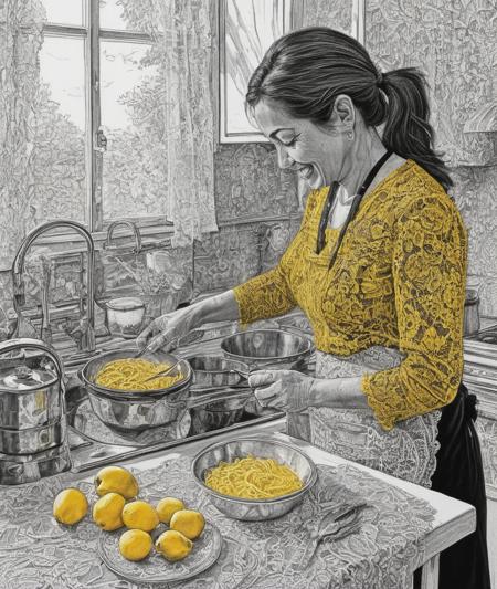 , <lora:SDXL_lace_drawing_Sa_May:0.6>   lace drawing,               black & yellow, industrial, heavy duty, modular,           A highly detailed mother in her kitchen preparing meal, window sunny day, happy, smiling,