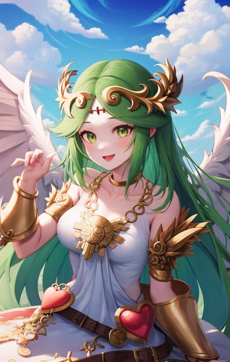 <lora:PalutenaKidIcarus1:1> highres, detailed, soft lighting, outdoors, clouds, flying, white dress, palutena [kid icarus], 1girl, gold circlet, feathery wings, happy expression, hearts