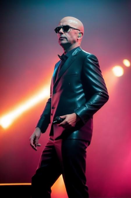 photo of sks man with a microphone in the hand, without hair, black leather suit, over the stage, neon lights in the background, 8k, high detailed<lora:ind1o:0.9>