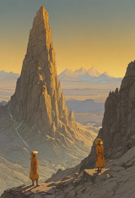 <lora:Moebius_Diffusion.safetensors:1.0>, A dramatic mountain range with jagged peaks and a distant ancient temple glowing with amber light, a shadowy tall figure with a large hat standing near the peak, grey and glowing gold, the glowing temple peaks, in the style of Jean Giraud, in the style of Moebius,