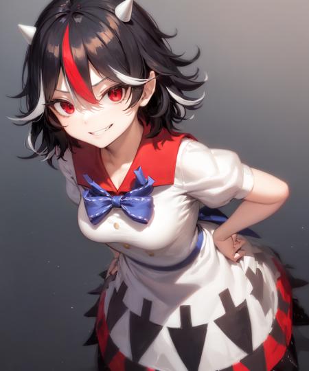 1girl, (kijin seija), breasts, solo, streaked hair, black hair, short hair, multicolored hair, horns, red eyes, (white dress), puffy sleeves, hands on hips, short sleeves, sailor collar, blue bow, standing, looking at viewer, smirk, teeth <lora:char-seija-64:1>