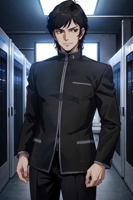 beautiful, masterpiece, best quality, beautiful, looking at viewer, server room, cowboy shot, smirk
<lora:nakajima:1> nakajimamt, black hair, school uniform, gakuran, black eyes, pants, 1boy