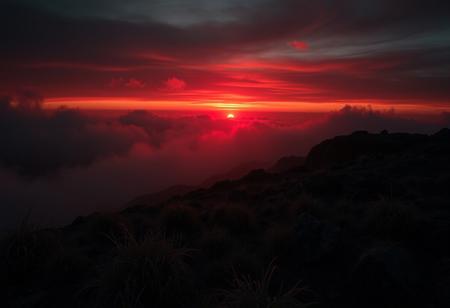 A crimson-hued sunset descends upon a rugged terrain, where wispy clouds and misty fog envelop the landscape in an eerie atmosphere. A dark, muted palette dominates, with deep oranges and purples bleeding into the distant haze. Cinematic lighting casts long shadows, imbuing the scene with dramatic tension. The camera pans across the terrain, capturing every nuance of fine detail, from the wispy grasses to the weathered rocks. A masterpiece of composition and atmospheric mastery, this breathtaking image demands attention.