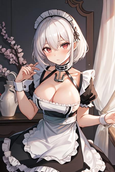 best quality, masterpiece, highres, solo, {maid:1.40}, {long maid dress:1.15}, {sirius_azurlane:1.15}, white_hair, short_hair, red_eyes, breasts, hair_between_eyes, large_breasts, bangs, blush, cleavage