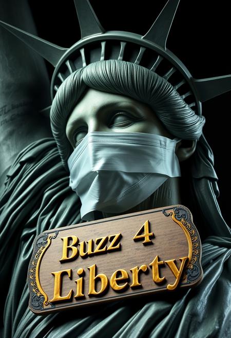 A highly detailed and dramatic portrait of the Statue of Liberty, focusing on her face in a macro close-up. The Statue of Liberty is unwrapping a large, non-surgical face mask, revealing the intricate and realistic facial muscle structure beneath. The mask is partially peeled away, exposing tendons, muscles, and sinews in high detail. Around her neck, a luxurious and ornate cardboard sign hangs with the text “Buzz 4 Liberty” elegantly embossed in gold lettering. The cardboard is richly decorated with intricate patterns and gilded edges, giving it an unexpectedly opulent appearance. The scene is lit with dramatic studio lighting, casting deep shadows and emphasizing the contrast between the statue’s iconic metal surface and the raw, exposed anatomy. The overall atmosphere is dark and unsettling, with a creepy, almost dystopian vibe that contrasts sharply with the rich, decorative sign.