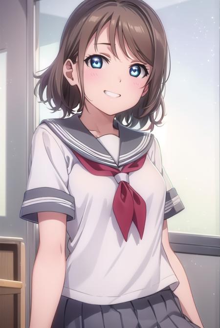 youwatanabe, <lora:you watanabe s2-lora-nochekaiser:1>,
you watanabe, short hair, blue eyes, brown hair, smile, grin,
BREAK skirt, school uniform, short sleeves, pleated skirt, serafuku, socks, neckerchief, kneehighs, black socks, (red neckerchief:1.2), grey skirt, uranohoshi school uniform,
BREAK indoors, classroom,
BREAK looking at viewer, (cowboy shot:1.5),
BREAK <lyco:GoodHands-beta2:1>, (masterpiece:1.2), best quality, high resolution, unity 8k wallpaper, (illustration:0.8), (beautiful detailed eyes:1.6), extremely detailed face, perfect lighting, extremely detailed CG, (perfect hands, perfect anatomy),