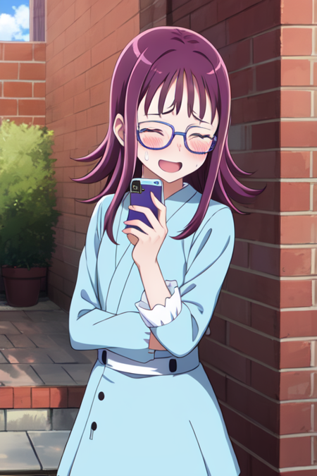 hojosakura, glasses, :d, closed eyes, phone, cellphone, dougi, standing, blush, outdoors, brick wall, tears