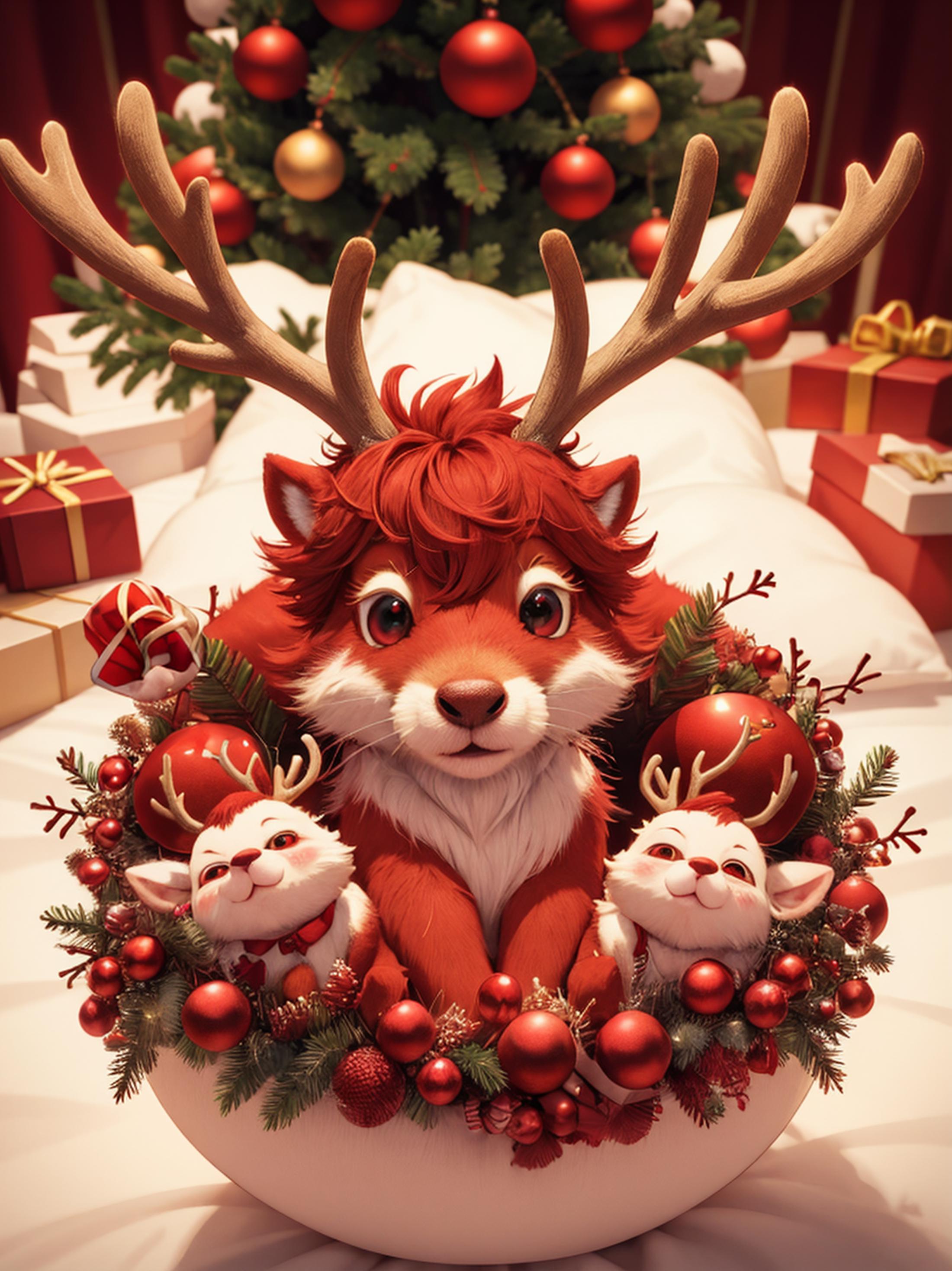 A cute cartoon image of a dog with antlers, sitting in a group with two kittens, all surrounded by Christmas presents.
