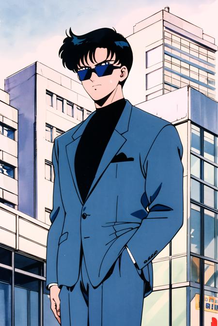 masterpiece,best quality,highres,<lora:Chiba Mamoru:0.7>,Chiba Mamoru,1boy,black hair,blue eyes,solo,retro artstyle,short hair,1990s \(style\),cowboy shot,tuxedo,sunglasses,city,A hand in a pocket,