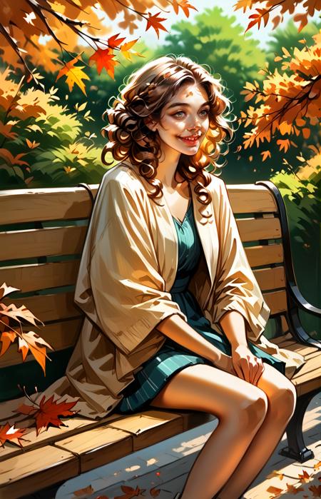 score_9_up, score_8_up, score_7_up ,masterpiece, absurdres, photorealistic, smooth skin,
cute woman, long flowing chestnut brown hair, gentle curls, serene smile, sitting on a bench in an autumn park with falling leaves
 <lora:Roxxin_Cute_Style_1.0:0.9>