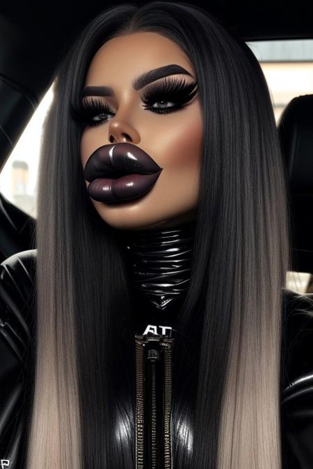 Full body picture, perfect face, model face, oral invitation,kissing face, platform boots, gotich, albatross art style,touching lips, Poking lips, long nails, goth, goth clothes, goth makeup, seductive, sadistic, sadistic smile,
SWOLLEN LIPS, 
(detailed hair, smooth skin, oiled skin, shiny skin, mature:1.1), (makeup, contour, skindentation), (black skin:1.1), hair over one eye, plump lips, bimbo, bimbo lips, thick hair, very long hair, jesica rabbit hair, dark lipstick, dark eyeshadow, black lipstick, (black lips:1.3),
uncensored, NSFW, realistic
 <lora:Botox_lips:0.6>