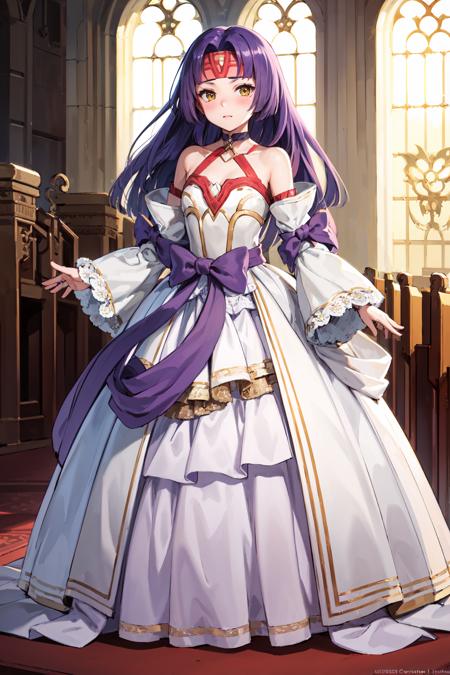 <lora:sanakiV1:0.9>,wed_sanaki,long hair, wedding dress,bridal,wedding,blush, bouquet, looking at viewer, bare shoulders,detached sleeves,strapless dress, purple bow,choker,collarbone,, tassel, chapel, (masterpiece, best quality, ultra-detailed, best shadow)