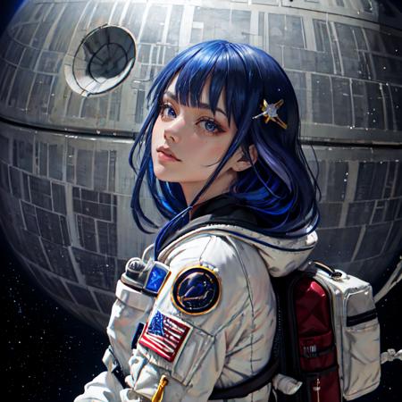 Highly detailed, High Quality, Masterpiece, beautiful, death star,  <lora:DeathStar:1.0>, Raiden_Shogun_\(genshin impact\), Raiden_Shogun:1.2, blue hair, long hair, <lora:Char_GenshinImpact_RaidenShogun:0.8>, 1girl, spacecraft, spacesuit, spaceship hair ornament,