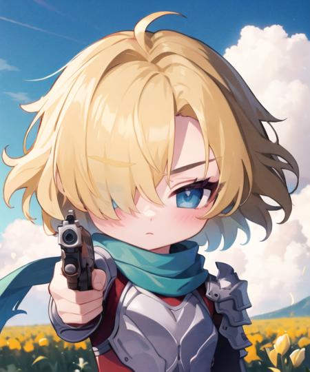 masterpiece, best quality, <lora:future_princess:0.7>, future princess, blonde hair, short hair, hair over one eye, blue eyes, scarf, shoulder armor,  <lora:LoraGoth:0.7>, holding pistol, aiming at viewer, handgun, pov, looking at viewer, upper body, sky, clouds, field, <lora:GT640V1:0.5>, (chibi:1.3)