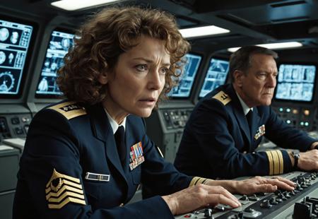 A dramatic and intense scene unfolds on the bridge of a battlestar spaceship, reminiscent of the cinematic style of Ridley Scott, with a gritty and realistic tone, as a seasoned and experienced old female admiral, of White American ethnicity, with a stern yet focused expression, stands tall, her piercing brown eyes scanning the room, her short, curly black hair framed by the faint glow of console screens, her worn, navy blue uniform adorned with medals and insignia, a symbol of her rank and authority, as she commands her bridge crew with a firm, yet calm demeanor, her voice rising above the din of alarms and chatter, in the heat of battle, the air thick with tension, the soft glow of instrument panels and screens casting an eerie, blue-green light on the faces of the crew, the camera, with a slight Dutch angle, capturing the chaos and urgency of the moment, as the admiral's eyes lock onto a younger, male officer, of Caucasian ethnicity, with a pale skin tone, and a look of concern etched on his face, his light brown hair messy, his eyes wide with a mix of fear and determination, as he works frantically at his station. High contrast ratio, and a shallow depth of field, blurring the background, and emphasizing the admiral and the officer, the film grain, subtle, yet noticeable, adding a layer of texture, and realism, to the scene. 