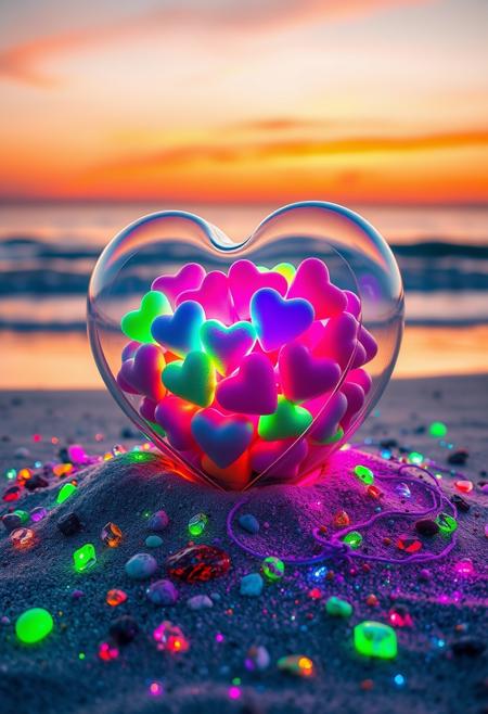 A captivating, surreal artwork by Hans Darias AI, depicting a transparent heart shaped container filled with vibrant, glowing hearts in various shades of the neon rainbow. The creature is nestled on a sandy beach adorned with neon multicolored, sparkling neon pebbles and neon stones. The gentle waves of the ocean lap at the shoreline in the background, creating a tranquil and dreamy atmosphere.