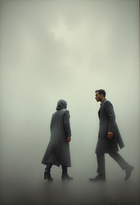 A low-angle perspective painting depicting human figures in thick foggy surroundings. The style combines Pop Art, Futurism, and Classical Realism, focusing on a dramatic and introspective scene. Soft brushwork, muted colors, and low visibility contribute to the somber and poetic atmosphere.