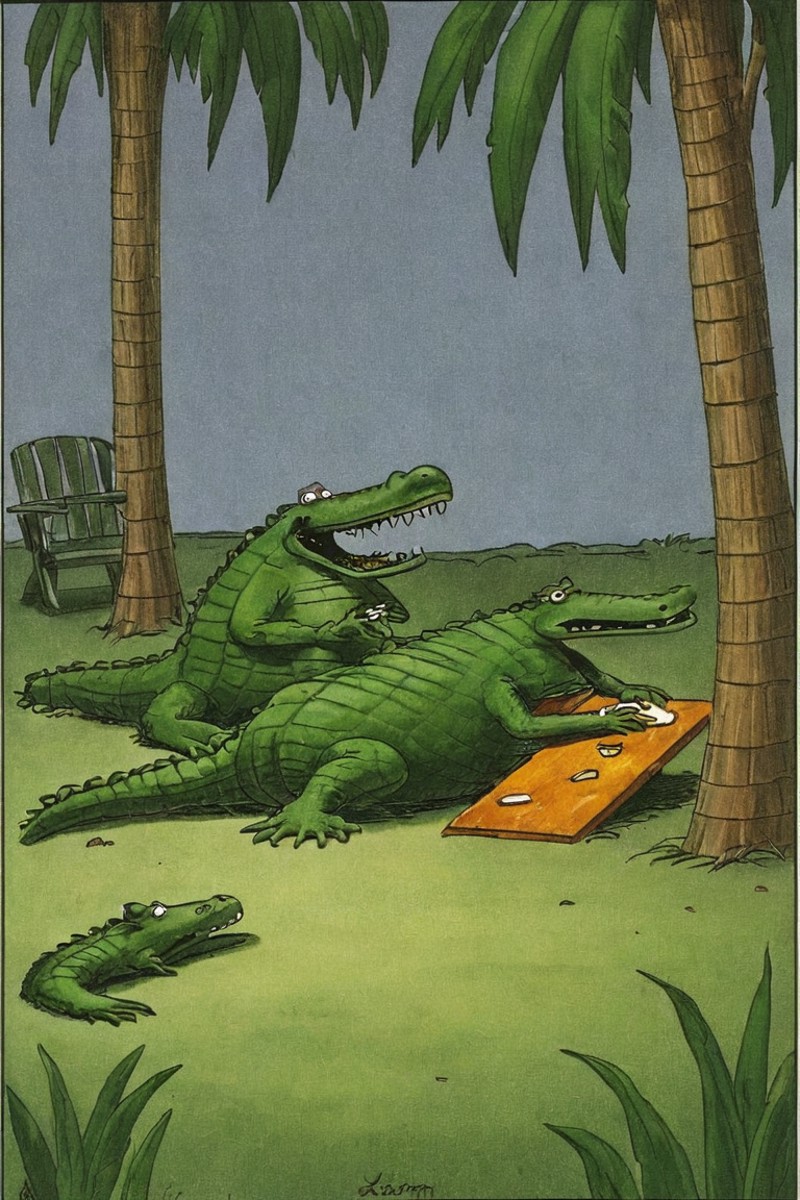 a color far side comic strip illustration of  a alligator, by Gary Larson, <lora:Gary_Larson_Style_XL_Color_Far_side-00000...