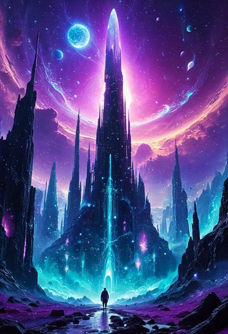A breathtaking alien city floating in a vast nebula, with colossal bioluminescent towers pulsing with an eerie glow. The streets are made of shimmering liquid light, shifting colors as ethereal beings glide above them. Gigantic crystal formations hover in the air, refracting surreal hues of violet and cyan. Strange celestial flora with glowing tendrils twist around ancient, rune-covered monoliths. The sky is filled with swirling galaxies and twin moons casting an unearthly radiance over the city. The atmosphere is dreamlike, almost surreal, as the air hums with mystical energy. Ultra-detailed, cinematic lighting, 8K, masterpiece.