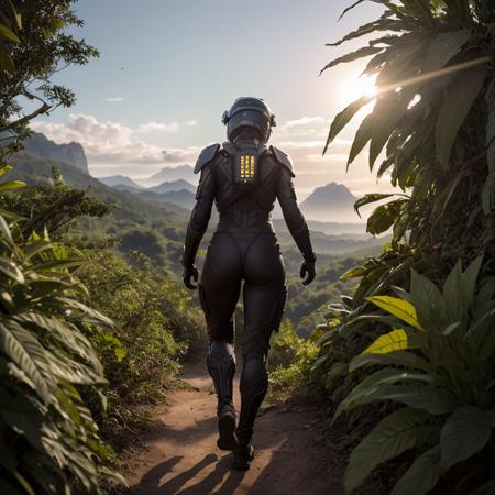 Rear angle, Highly detailed cinematic film still, Hip level shot, of (fit female soldier, wearing high-tech black Exo suit, helmet), running through the jungle, (lush vegetation), (mountains:1.1), (god rays:0.4), dense alien jungle, toned body, muscular butt, (highly detailed, hyperdetailed, intricate), (lens flare:0.4), (bloom:0.5), particle effects, cinematic lighting, (soft lighting:0.6), prominent projected shadows, deep depth of field, (film grain:0.5), photographed on a Leica SL (Typ 601) Mirrorless Digital Camera, 50mm wide angle lens, F2.8 aperture, deep focus, (RAW), cinematic film still from Gravity 2013, from behind