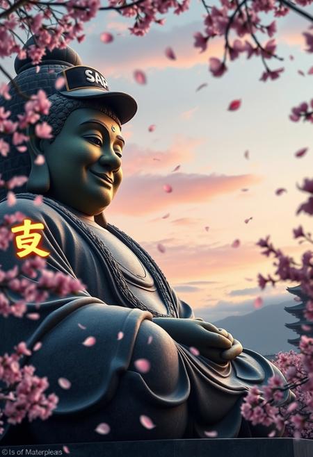 A serene and magical scene featuring a gigantic stone statue of Buddha, but with Shrek's face. The statue is in a meditative pose with cap on his head with logo SAP text and Serbian red blue white flag in one hand. The statue should resemble the Kamakura Buddha, smiling peacefully. Surrounding the statue are glowing Kanji characters, adding a mystical touch. Cherry blossom petals are blowing in the wind, filling the air.The skyline is beautiful, with high detail and an overall serene, masterpiece quality.