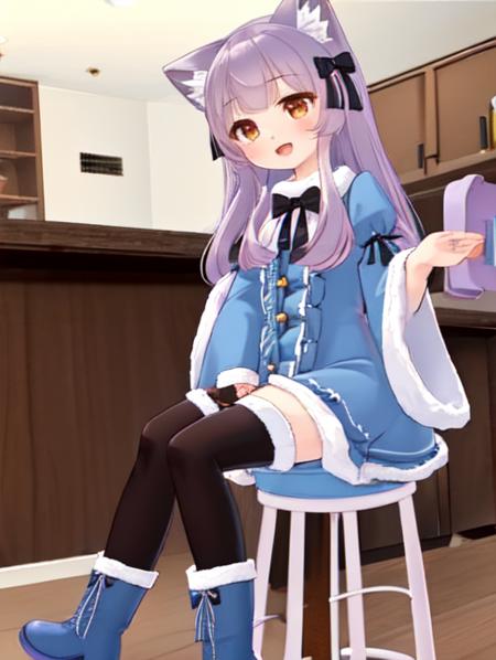 <lora:Milk-re-v1.2-:0.7> masterpiece, cat ears, cat tail, brown eyes, light purple hair, blue dress, black thighhighs, long sleeves, black bow, hair bow, frills, fur-trimmed dress, fur-trimmed sleeves, bell, jingle bell, light purple boots, knee boots, fur-trimmed boots, indoors, sitting, stool, open mouth, happy,