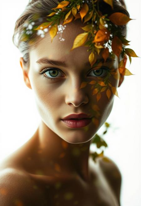 . Surreal Nature Double Exposure. Merge a portrait with forest elements using a Canon EOS 5D Mark IV and 100mm macro lens. Light the subject with soft, diffused daylight (f/2.8, ISO 100, 1/200s) against a white backdrop. Layer with a long-exposure shot of autumn leaves (f/16, ISO 50, 2s). Blend in post: translucent foliage overlays on the subject’s silhouette, emphasizing earthy greens and amber tones. Retain skin texture while adding moss-like patterns via masking.
