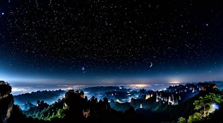 Wide angle view of a moonless, cloudless night sky, midnight, from atop of the mounts in Zhangjiajie China, milky way, constellations, accurate constellations, bright stars, no human light source,  No trees and plant life, photograph, Sony Alpha ZV-E10, RAW, highly detailed, crisp wide focus,   <lora:add-detail-xl:1> <lora:MJ52:0.4> <lora:zavy-cntrst-sdxl:0.5>